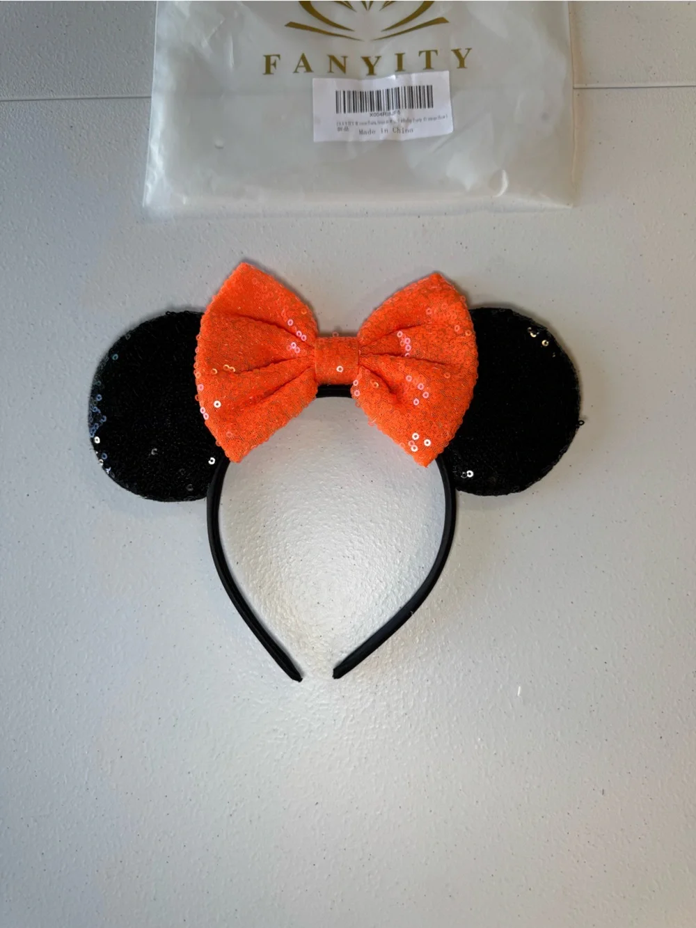 Sequin Halloween Minnie Ear Headband with Orange Bow